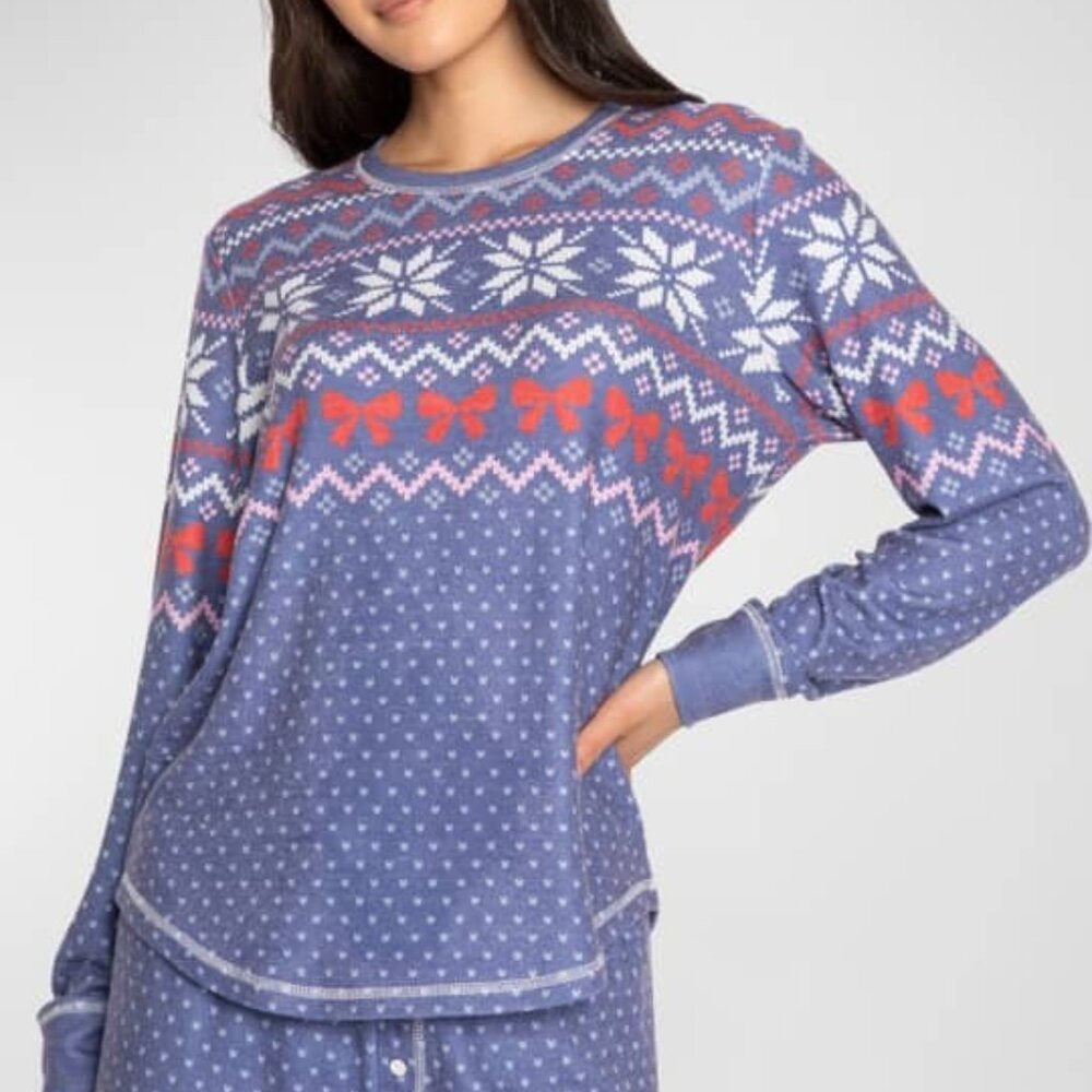 PJ Salvage Cozy Vibes Fair Isle Pajama Top Peachy Lounge Sleep Shirt Blue Medium